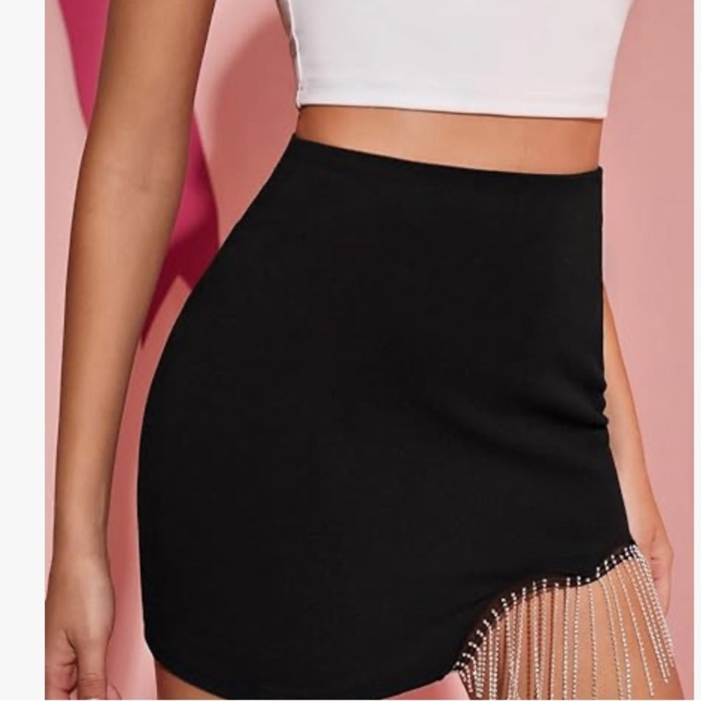 Rhinestone Fringe Trim High Waist Short Bodycon Pencil Skirt